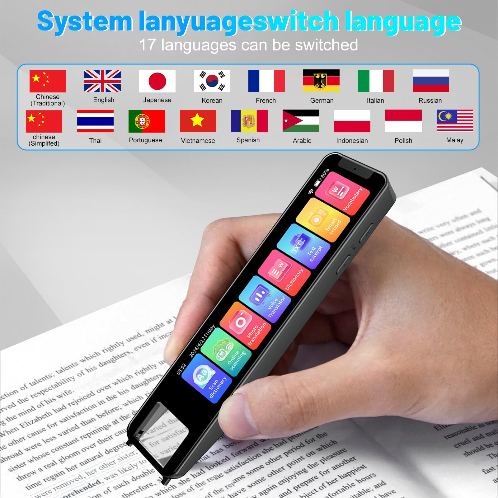 WingFly Bolígrafo Lector Escáner, Bolígrafo Traductor Escáner de 134 Idiomas, Bolígrafo de Lectura Inteligente de 4 Pulgadas para Dislexia, Ancianos, Niños, Estudiantes, Soporta Voz y Escaneo a Texto