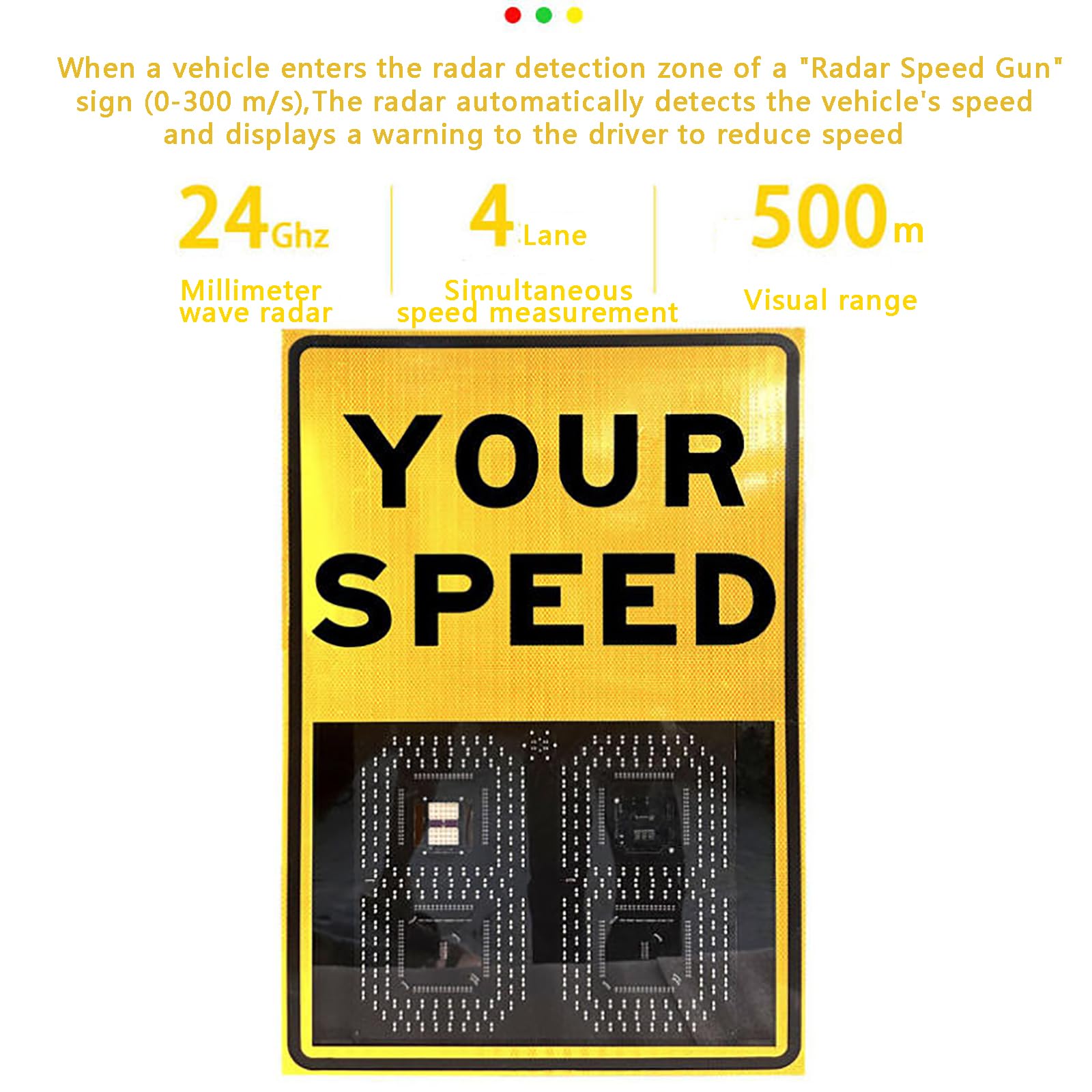 MObyat Señal de Velocidad con Radar Solar, 61 x 68 cm, Velocidad de detección <321 km/h, carriles de 3 a 4 carriles, Visibilidad Nocturna >1000 m, para medición de Velocidad en Carretera.