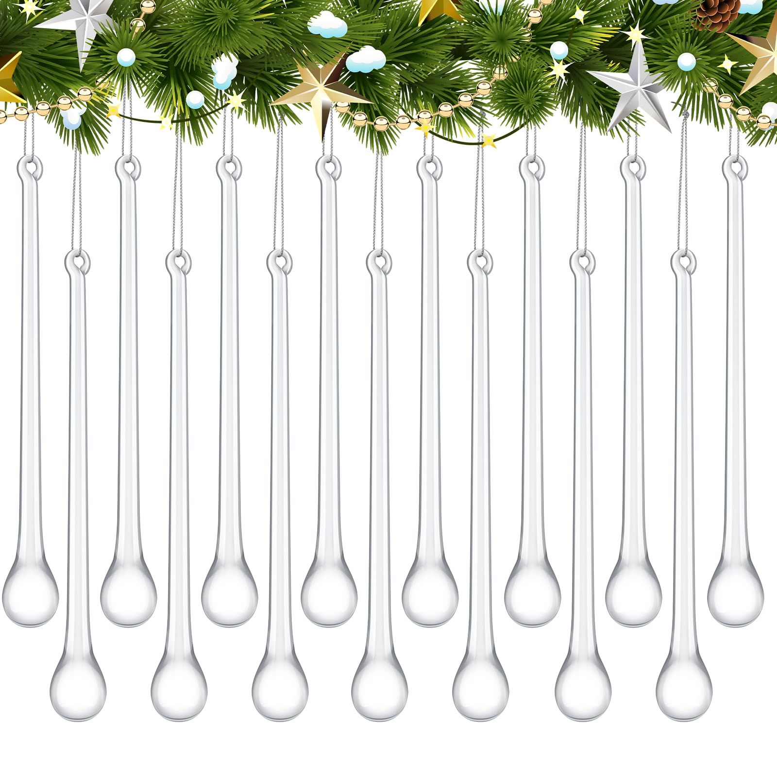 Glas-Eiszapfen, Weihnachtsschmuck, 12,9 x 1,5 cm, extra lang, transparent, Tropfenform, Weihnachts-Kronleuchter, Ornamente, Kristall-Hängeornamente, Glas-Regentropfen für