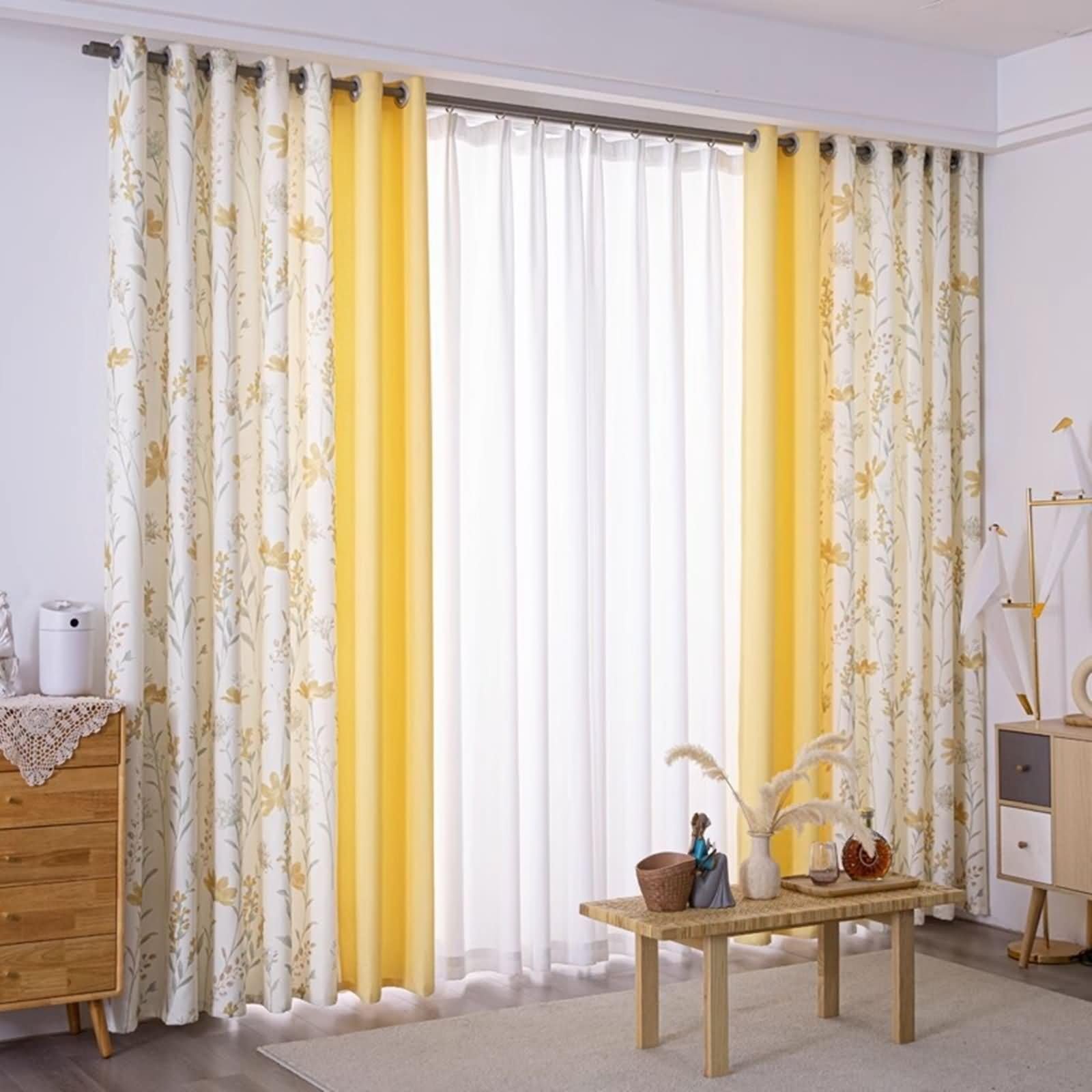 Rideau de Cuisine, Rideaux d'Extérieur Terrasse Beige Blanc Jaune Motif de Fleurs et de Feuilles avec Assemblage Polyester Lot de 2 132W x 214L cm