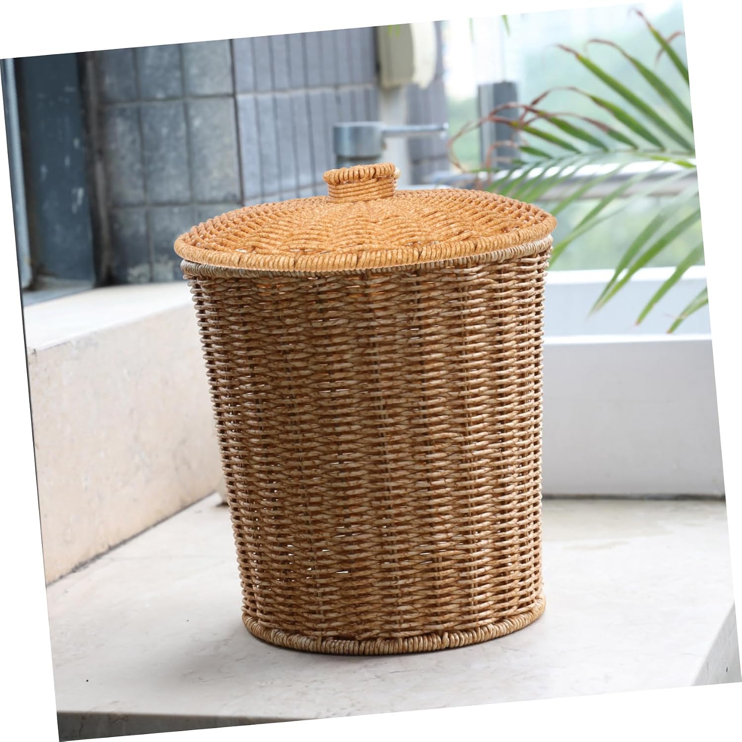 Garbage Can Lid Replacement Imitation Rattan Storage Basket Cover for Living Room Trash Bin Easy to Clean Seamless Design Fits Standard Baskets