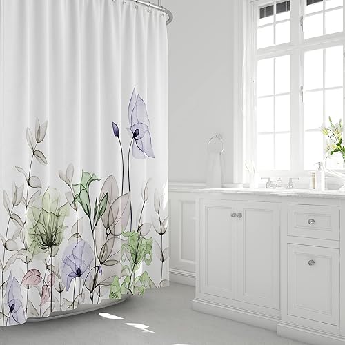 Miniatura 9 de JOYMIN Juego de cortinas de ducha de tela floral con 12 ganchos, cortina de baño de acuarela, accesorios decorativos modernos para baño, flores y