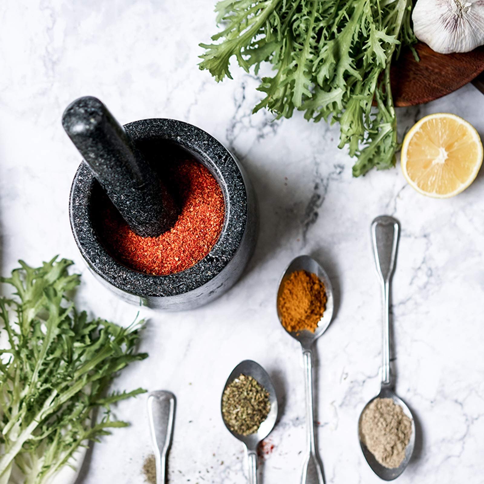 Knoblauchpresse Edelstahl Mörser und Stößel Set 5,5 Zoll Natürlicher Granit Grinder Spice Herb Grinder Pill Crusher Knoblauchzerkleinerer