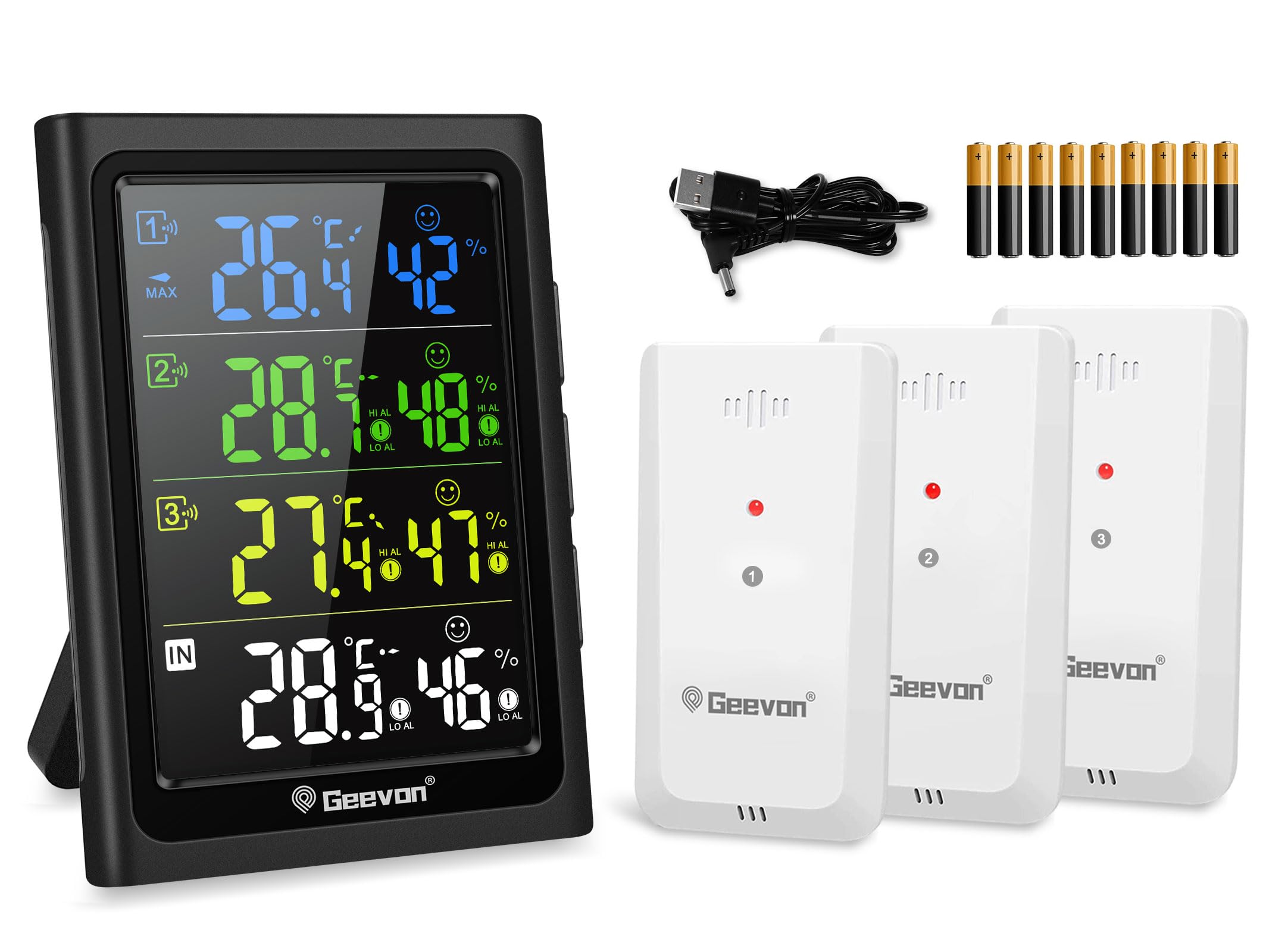 Geevon Termometro Interno Esterno con 3 Sensori a Distanza, Termometro Igrometro Digitale per Umidità, Misuratore di Temperatura e Umidità con Portata di 90M/300FT (Nero con Batteria)