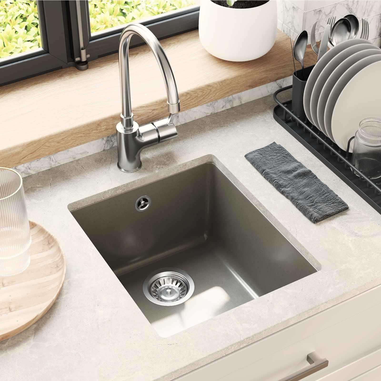 Fregadero empotrable gris 370 x 460 mm con 80% cuarzo y 20% resina, fregadero de granito con desagüe, juego de accesorios y sifón para cocina, lavadero, exterior y camping