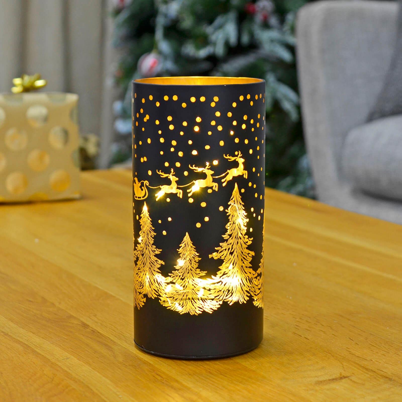 Mr Crimbo 20cm Christmas Cylinder Lamp LED Light Etched Glass Tube Black Silver - Santa Sleigh โ image 1