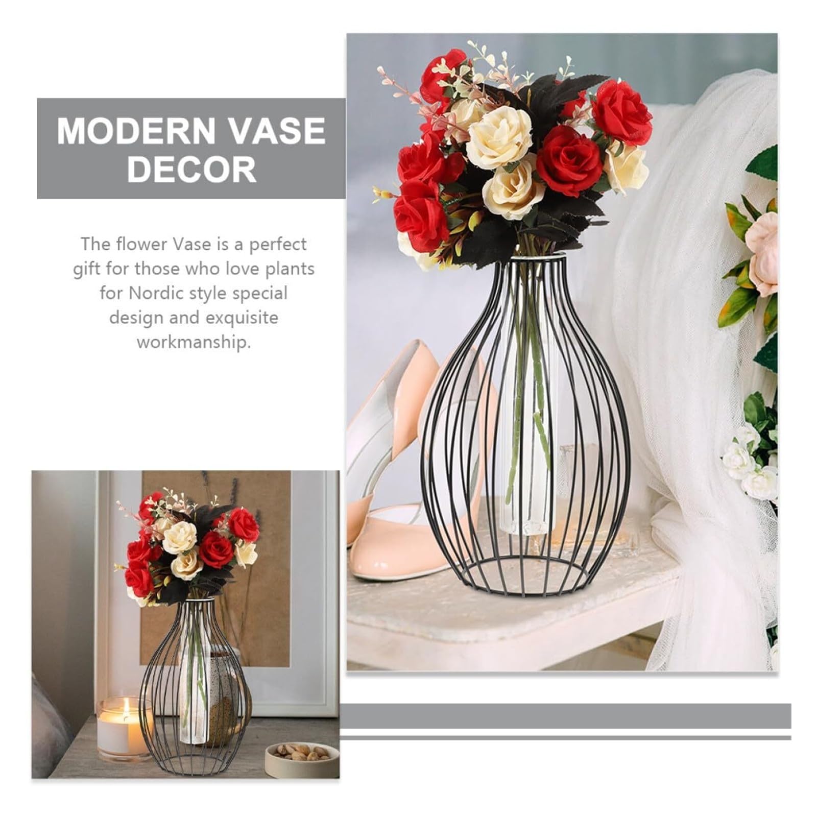Vases à Fleurs Station de Propagation en Verre avec Cadre d'art Fer et Vase Tube à essai, présentoir Fleurs Table Décoration de Bureau