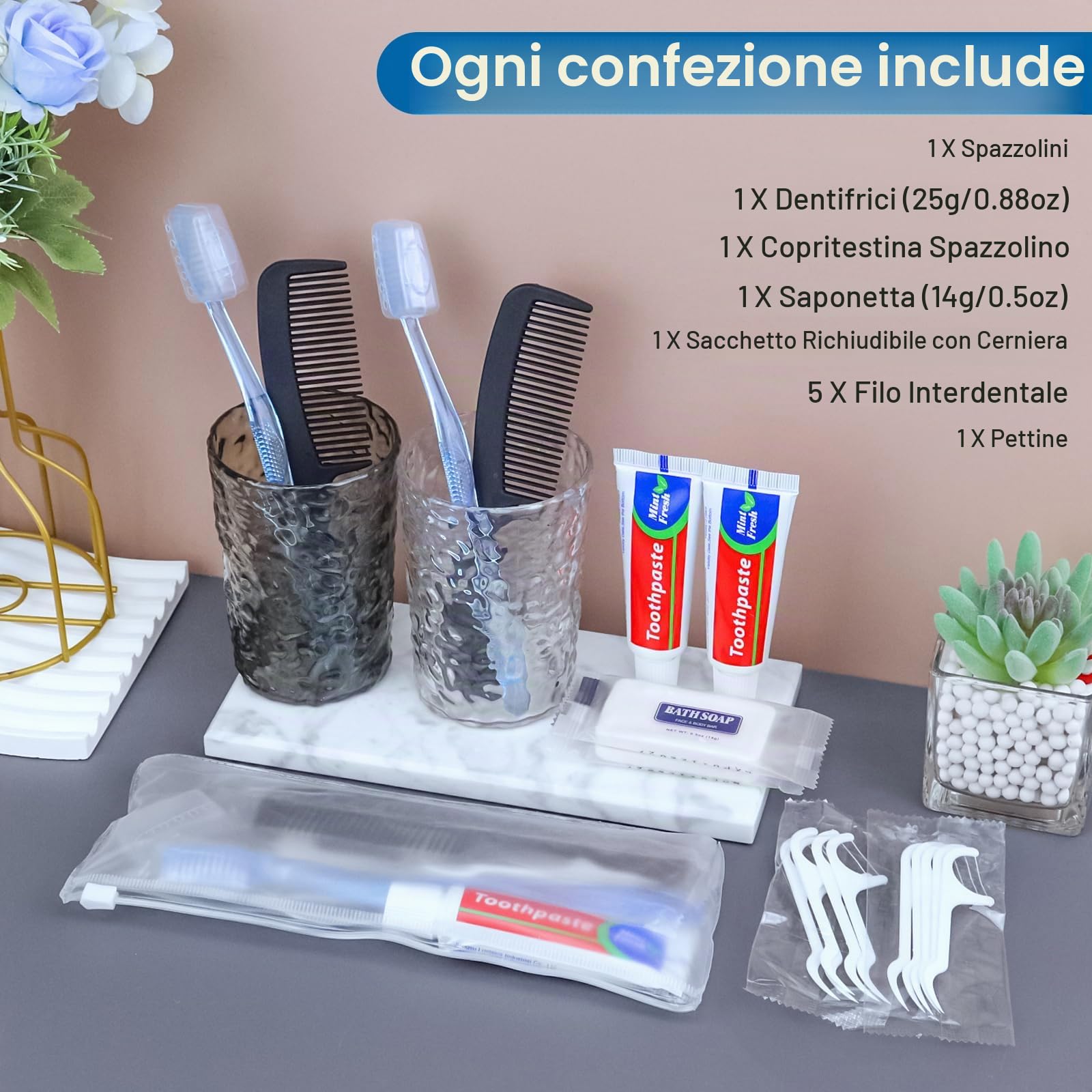 25 set di kit per l'igiene personale, spazzolini da denti usa e getta con dentifricio, filo interdentale, pettine, sapone e copertura, kit da toeletta per senzatetto in blocco