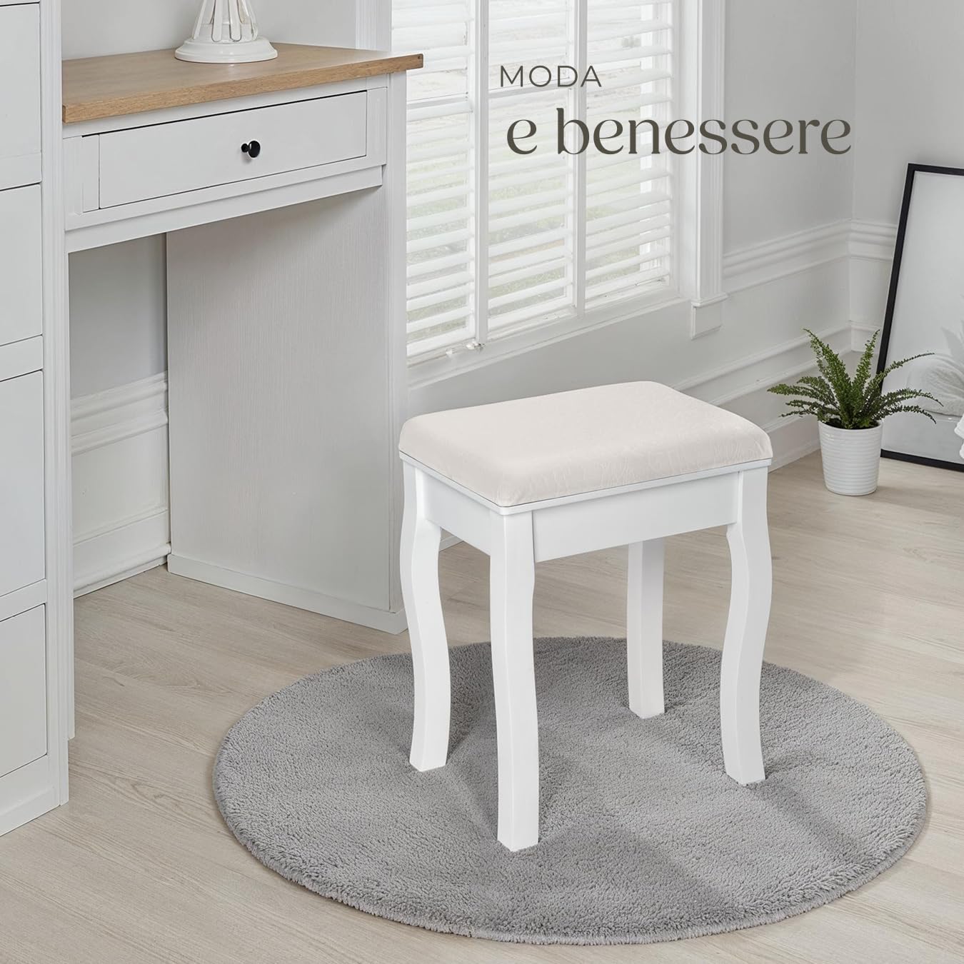 tectake® Sgabello Toeletta Trucco, Affusolato, in Legno Massello, Imbottitura Morbida, Rivestimento Floreale, Base 4 Gambe Curvate, Protezione Pavimento, 40x30x51 cm, Arredamento Casa - Bianco