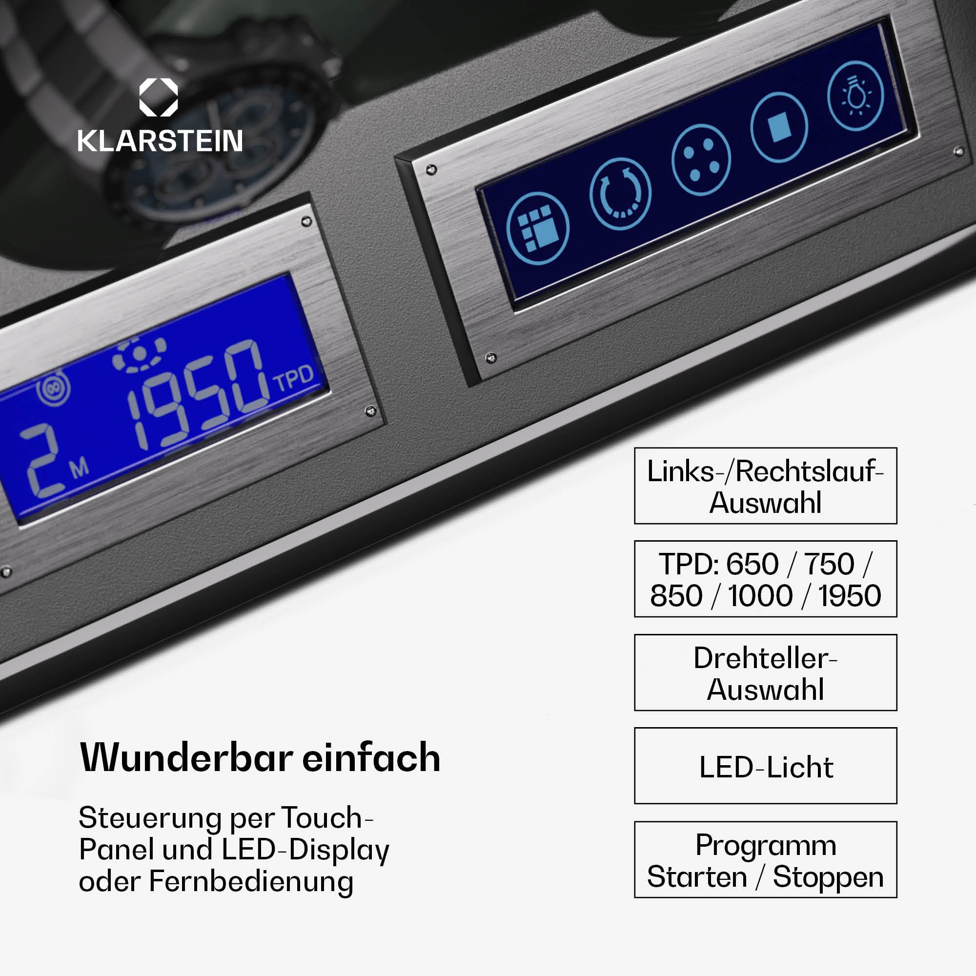 Klarstein Uhrenbeweger für 4 Automatikuhren, mit Acryl-Tür und Schloss, weiße LEDs, 5 TPD Einstellungen, automatischer Watch Winder