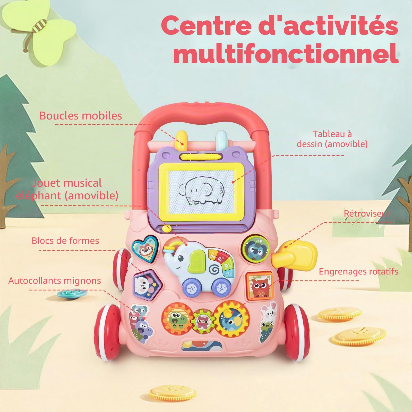 Marcheur D'apprentissage Assis-Debout, Jouet 2 En 1 Pousser pour Bébé avec Musique et Tableau de Dessin, Centre D'activités Éducatives Multifonctionnel pour Enfants Filles Garçons 12M+ (Rose)