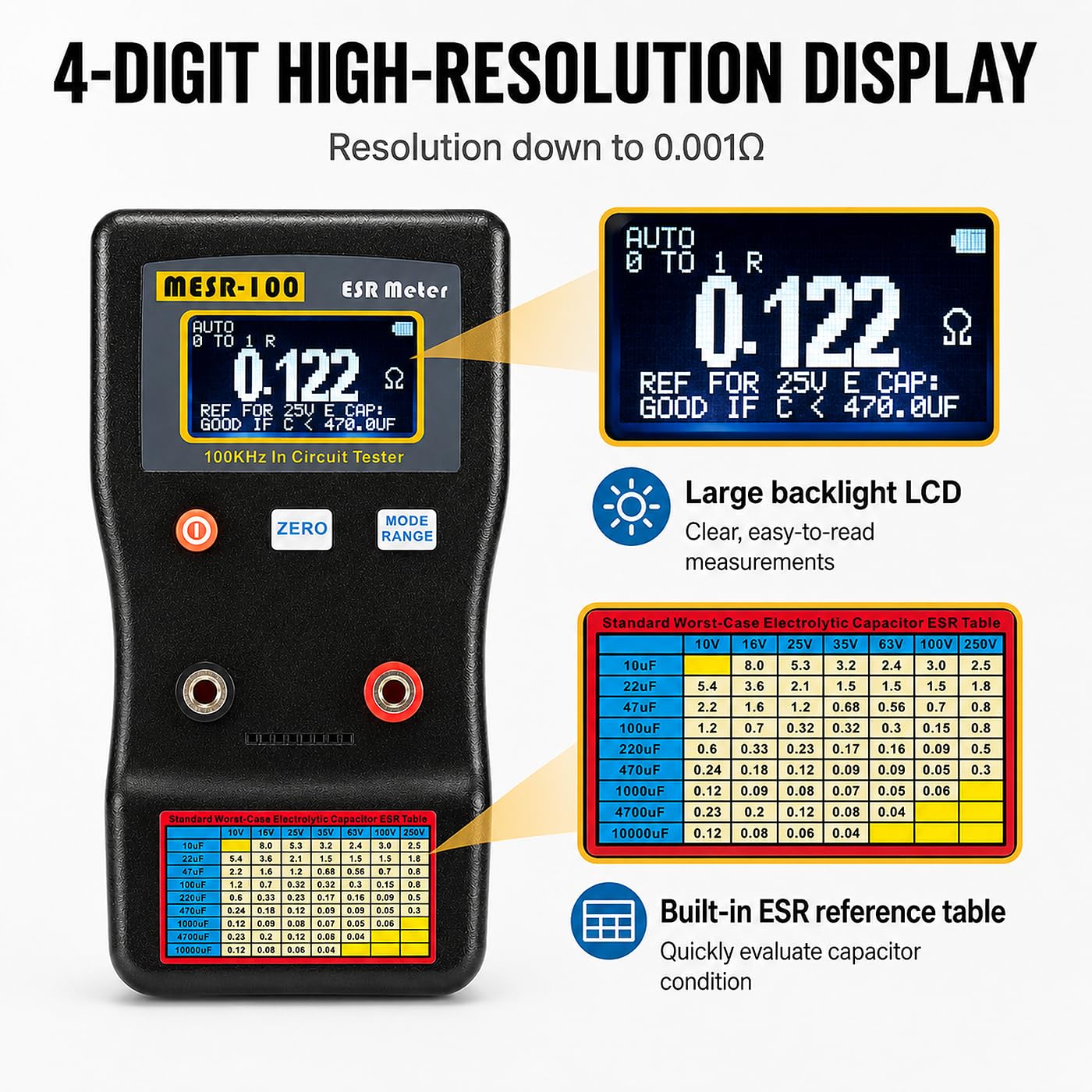 MESR-100 Digitales ESR Messgerät, Automatische Bereichswahl 0,001R Bis 100R Schaltung Widerstand/Kapazitätstester Ohmmeter Hintergrundbeleuchtung Doppelanschluss, Für Reparatur Tv/Lcd/Audioplatine