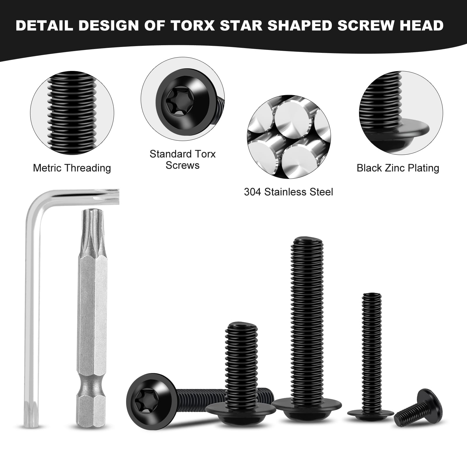 15 sztuk wkrętów M6, czarne, śruby z łbem płaskim M6 x 35 mm, stal nierdzewna, A2, V2A, śruby Torx ze śrubami kołnierzowymi, śruby z łbem soczewkowym z kluczem Torx i wiertłem do konserwacji i