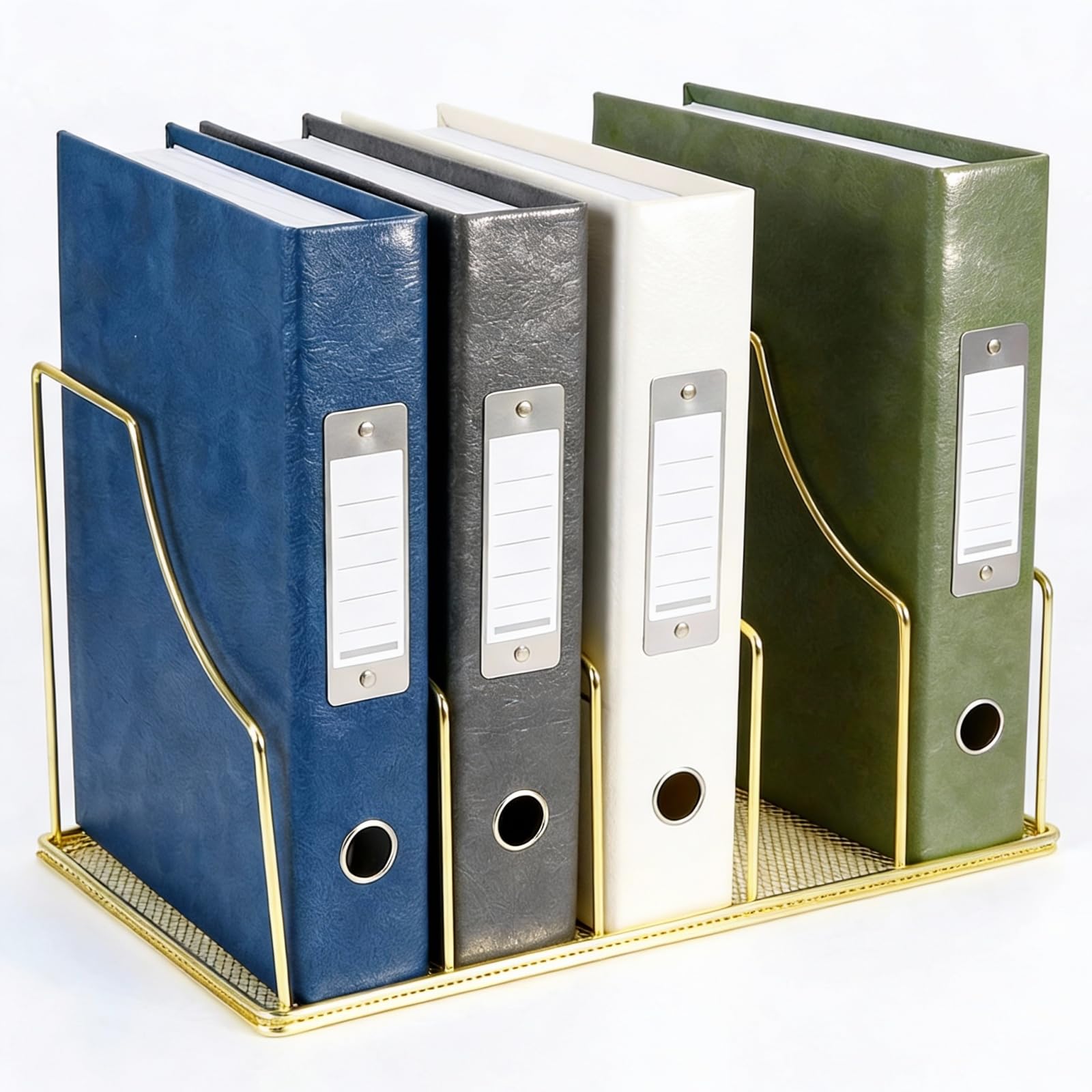 Simmer Stone Gold Binder Organizer for Desk, 5 Slot Metal Wire Vertical File Sorter with Mesh Bottom, Large Desktop Magazine Holder Rack for 2 Inch