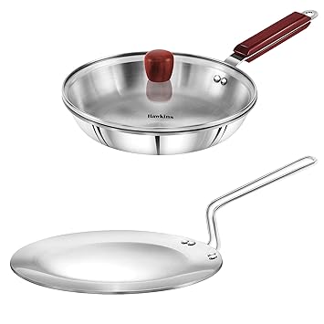 Hawkins Triply Stainless Steel 3.5 mm Tawa 26 cm and 3 mm Frying Pan 26 cm with Lid
