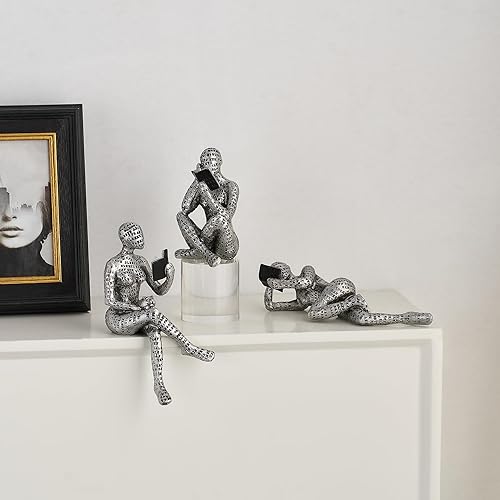 Miniatura 9 de FJS Juego de 3 estatuas de pensador de terciopelo negro, estatua de arte, decoración de sala de estar, decoración moderna de escultura para mesa de