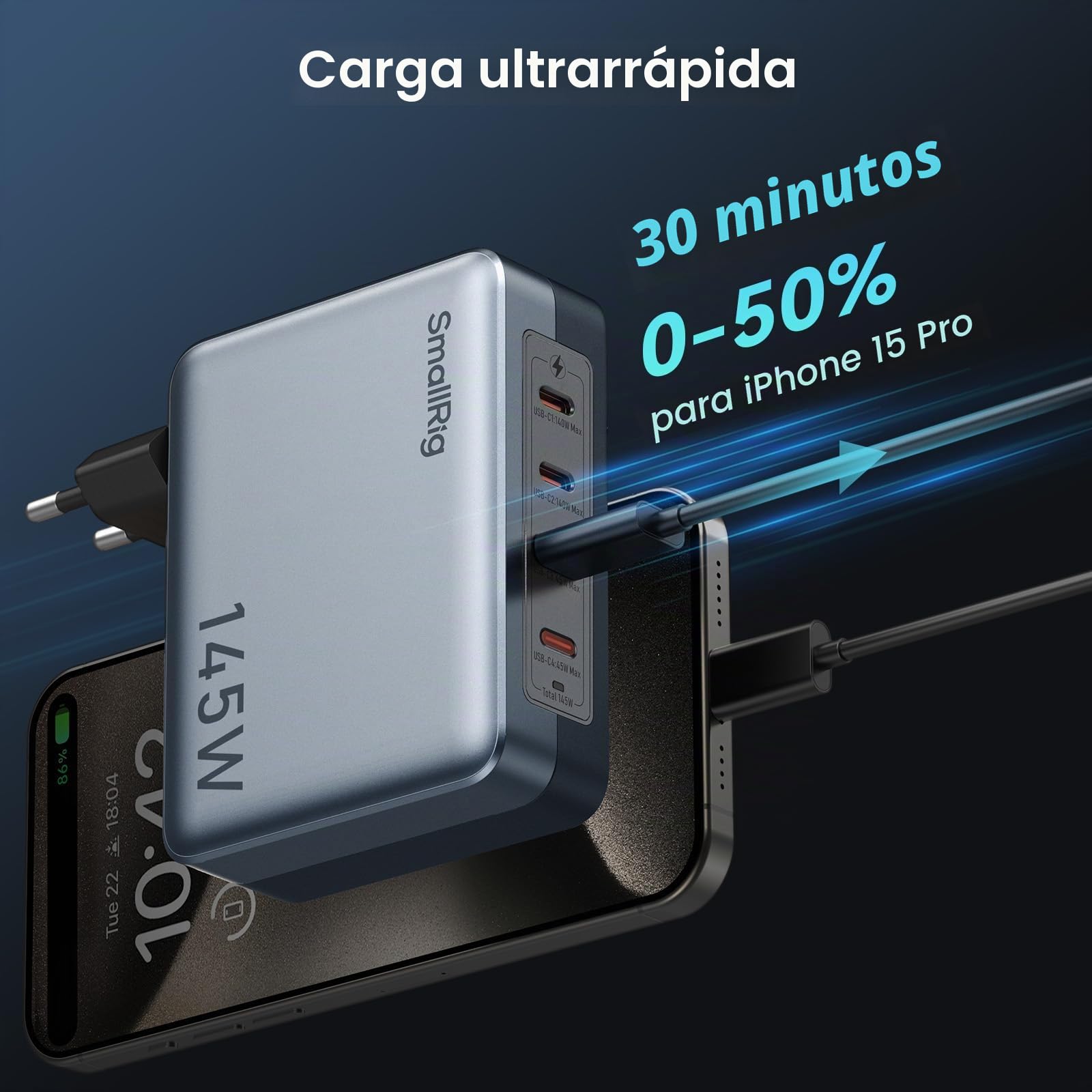 SMALLRIG Cargador USB-C de 145 W, Cargador Rápido Plegable GAN PD3.1 de 4 Puertos para MacBook Pro/Air, Adaptador de Corriente de Pared PPS para iPad, Batería con Montura en V - 4748