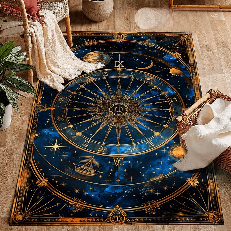 Bycmuoz Celestial Compass Kids Rugs, 160x230cm, Astrology Decor Bedroom Carpet, Mysterious Galaxy Universe Machine Washable Foldable Rug, Cozy Pet Friendly Non Slip Carpets for Study Room Indoor