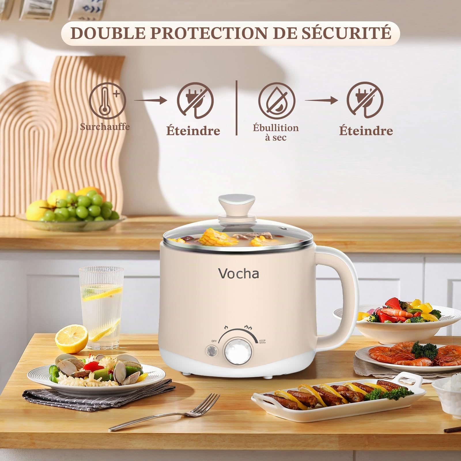 Vocha Marmite électrique avec fonction de maintien au chaud, poêle électrique anti-adhésive de 1,6 L, cuiseur de voyage portable, multicuiseur pour pâtes, nouilles, soupes, œufs durs, légumes (beige)