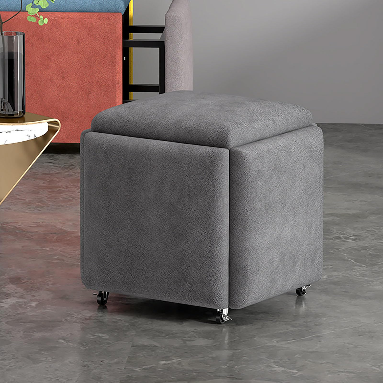 Siège cube 5 en 1 gris foncé en velours avec assises empilables élégantes pour salon