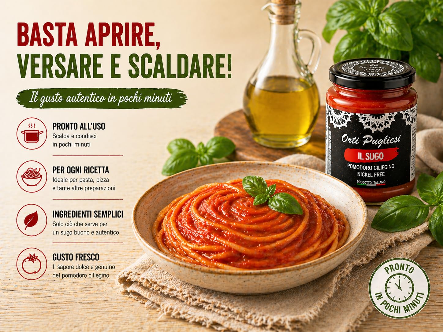 Il Sugo di Pomodoro Nickel Free, Orti pugliesi, Pomodori Ciliegini Senza Nickel 100% Italiani, Box da 6x280gr barattoli di vetro