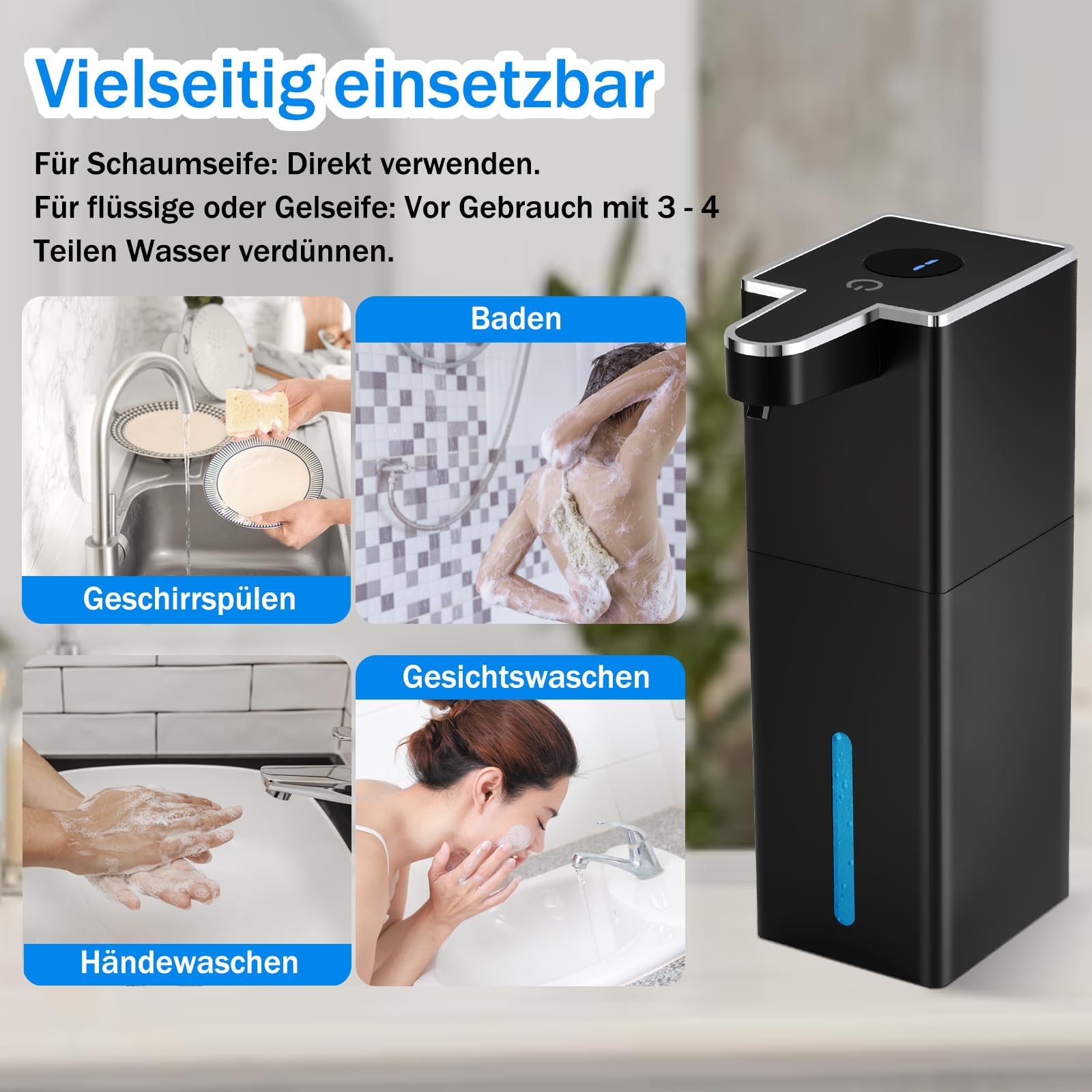 2 dispenser di sapone automatico, fissaggio a parete, senza contatto, 440 ml, 4 livelli regolabili con sensore, ricaricabile USB, 1800 mAh, per cucina, bagno, scuola, hotel (nero)