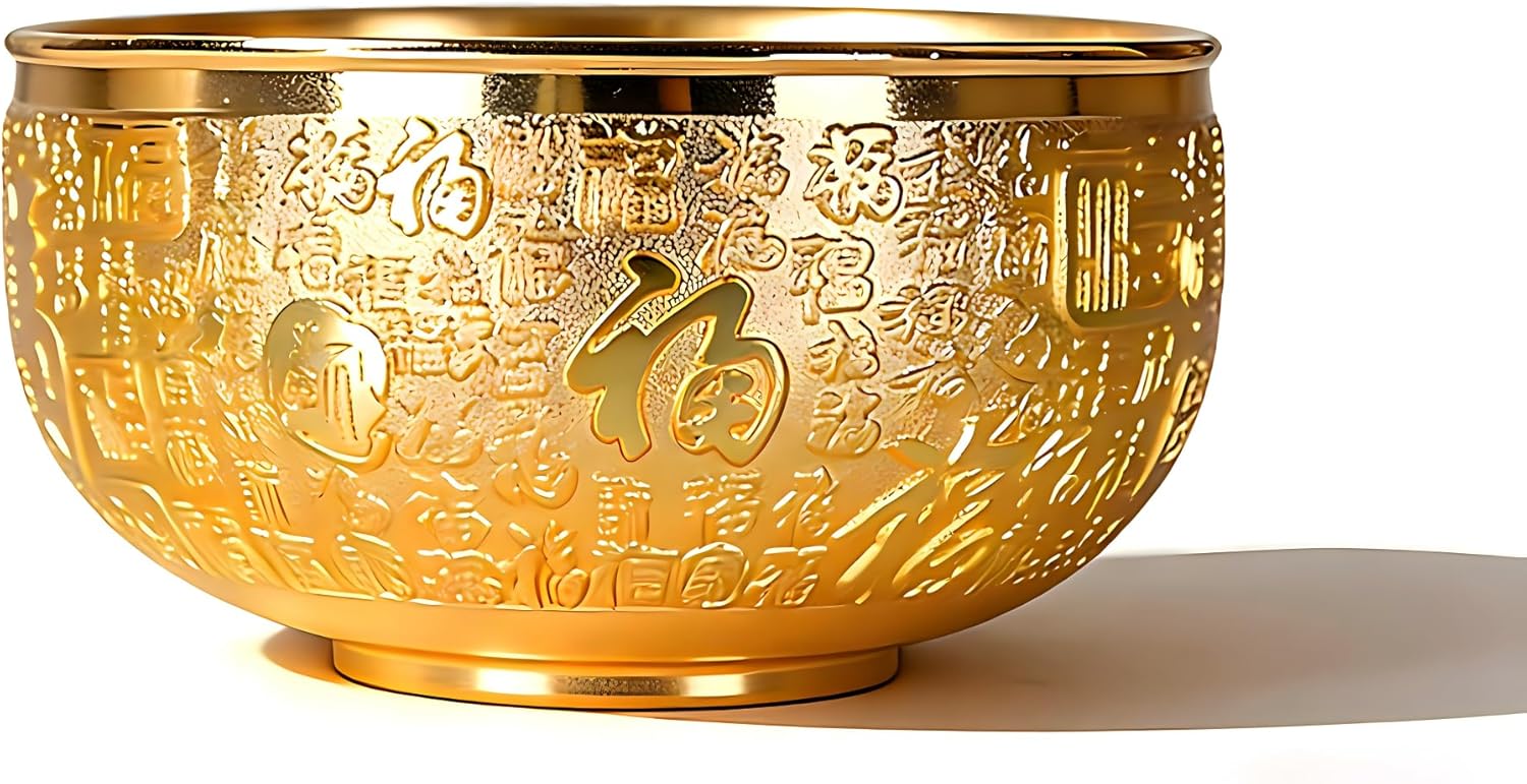 10.5cm (4.1-inch) Feng Shui Copper Bowl, 10cm Lucky Treasure Bowl with Hundred Blessings Relief, Vintage Decor for Home & Office, Ideal Gift for Wealth & Good Fortune