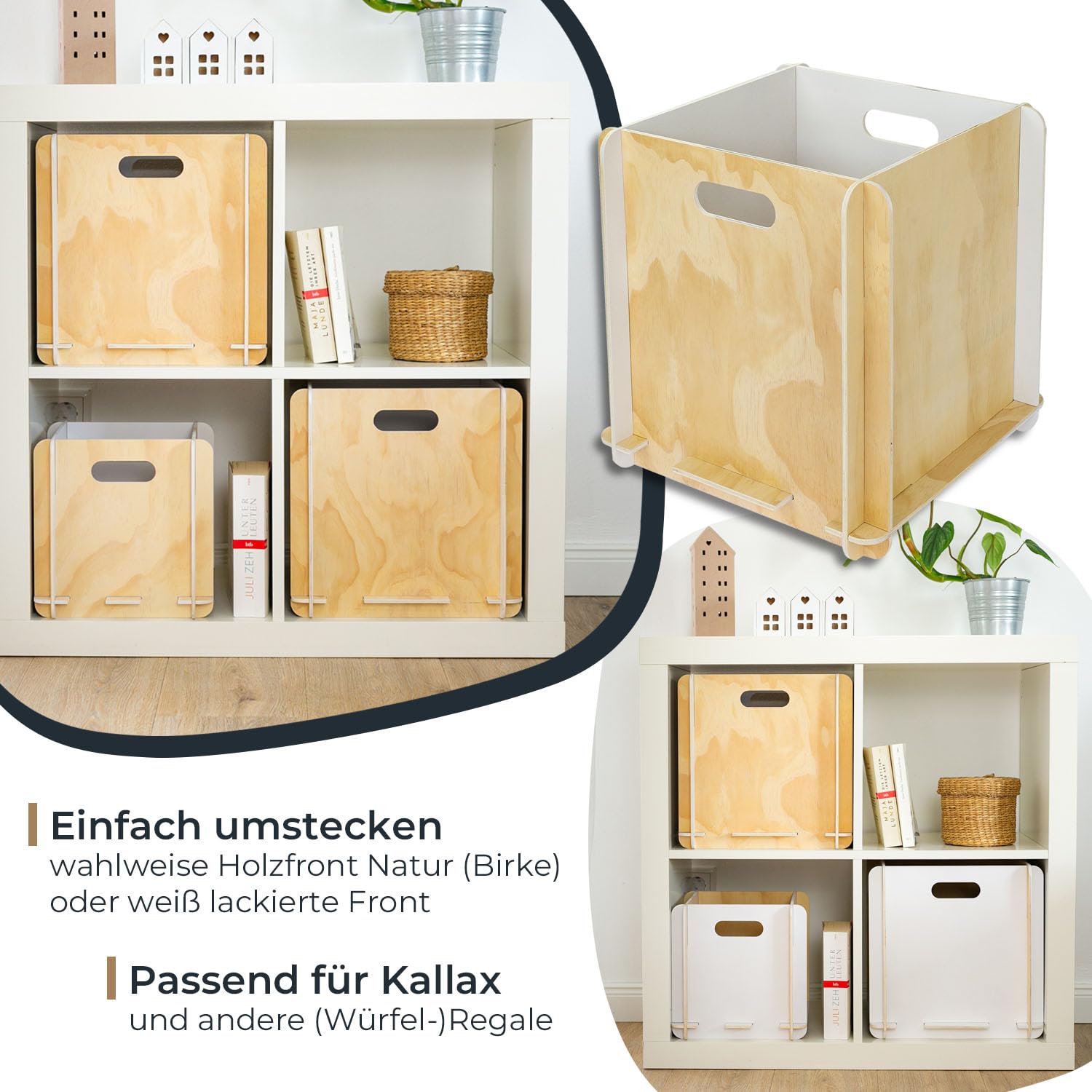 HMF Aufbewahrungsbox aus Holz zum Zusammenstecken | 4er Set | passend für Kallax | 32 x 32 x 32 cm | Weiß