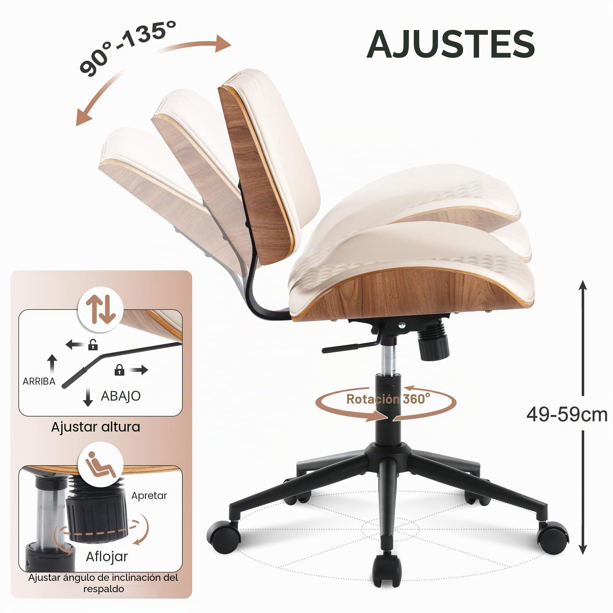 Silla Oficina Piel Sintética con Ruedas,Silla Escritorio Moderna De Medios De Siglo, Ajustable En Altura Y ángulo, Ruedas 360° para Estudio U Oficina, Office Chair,hasta 136 Kg