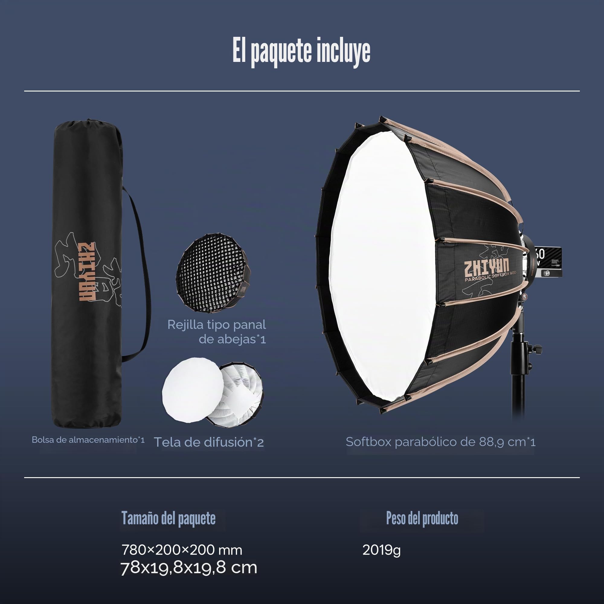 ZHIYUN Softbox Parabolico de 90cm con Bowens Mount [Oficial], Difusor de Luz para Molus G300 G200 B100 B200 B300 B500, Compatible con Luz de Video Universal