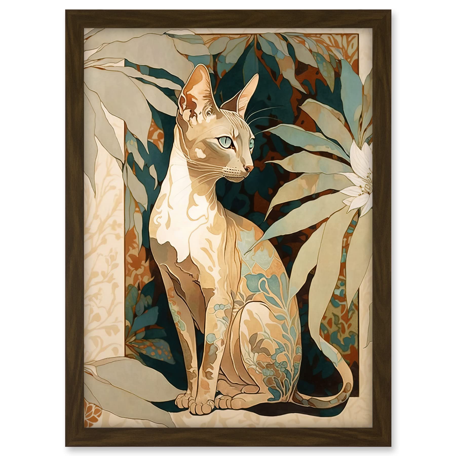 Artery8 Oriental Shorthair Cat Botanical Pattern Fur and Plants Modern Art Nouveau Watercolour Illustration Artwork Framed A3 Wall Art Print