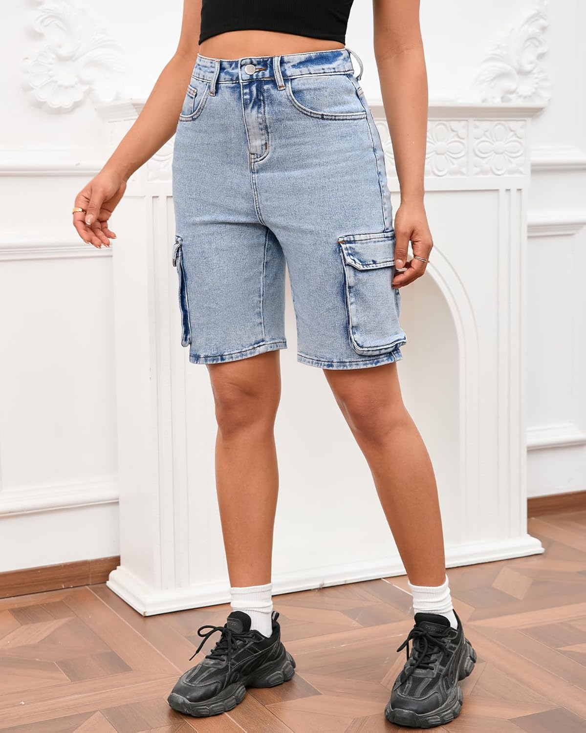 Women's Demin Cargo Shorts High Waisted Straight Leg Casual Jean Bermuda Shorts with Pockets - Image 2