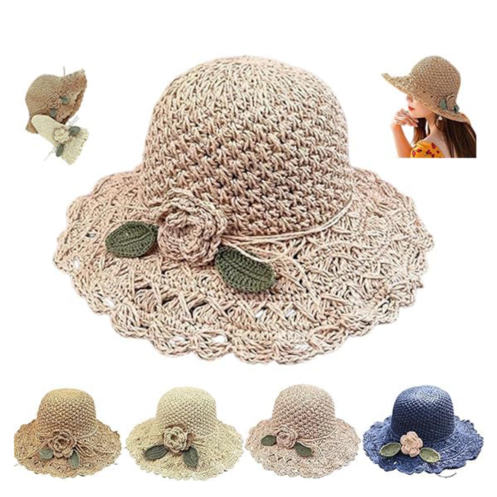 LUNCHS Sombrero de Paja de Playa de Verano para Mujer, Elegantes Sombreros de Paja para Mujer, Elegante Sombrero de Paja de Ganchillo con Detalle de Volantes