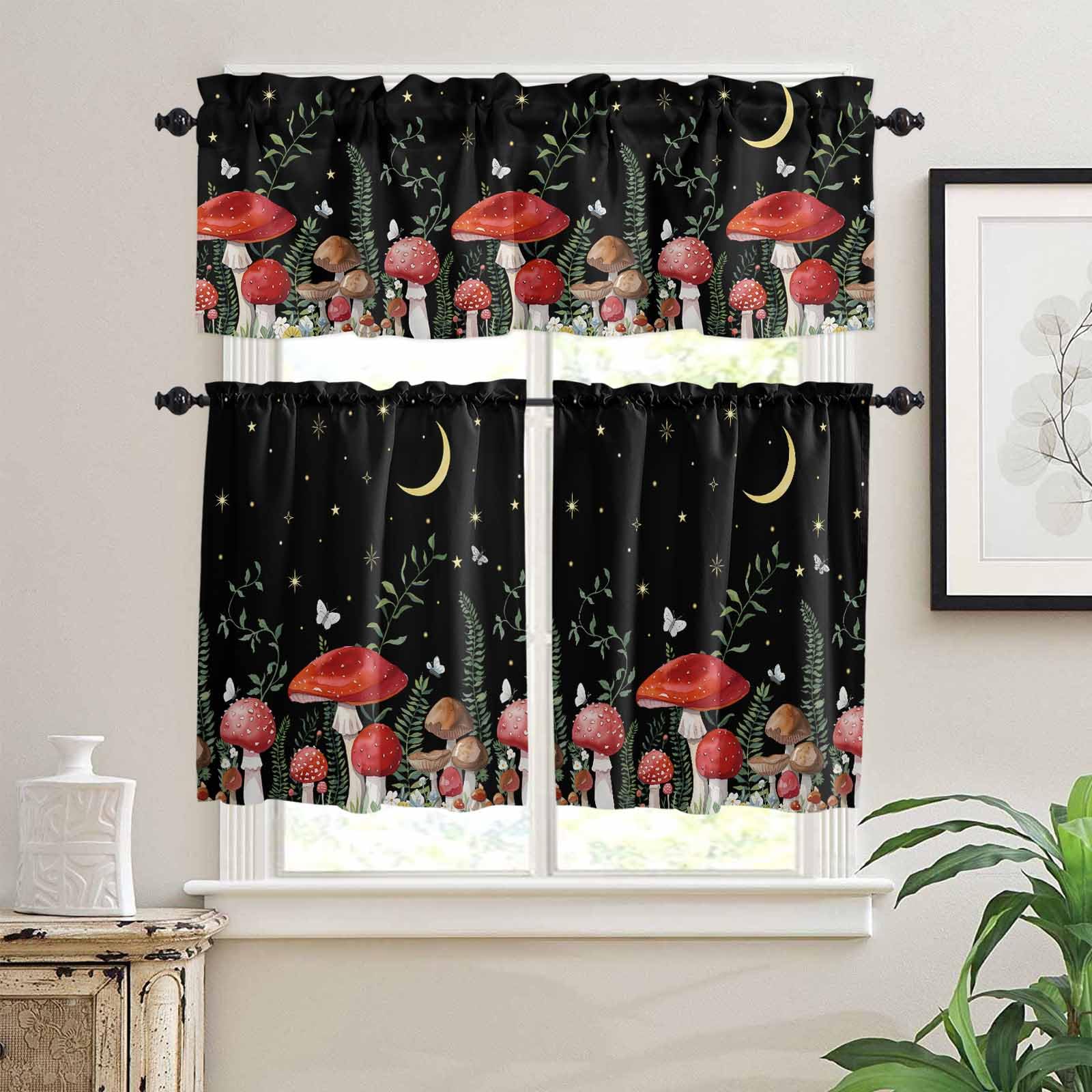 Mushrooms Black Kitchen Curtains 24 Inch Length,3 Piece Rod Pocket Small Half Tiers and Valance Set,Botanical Leaf Butterflies Country Moon Small Large Window Treatment Decor for Bedroom/Bathroom