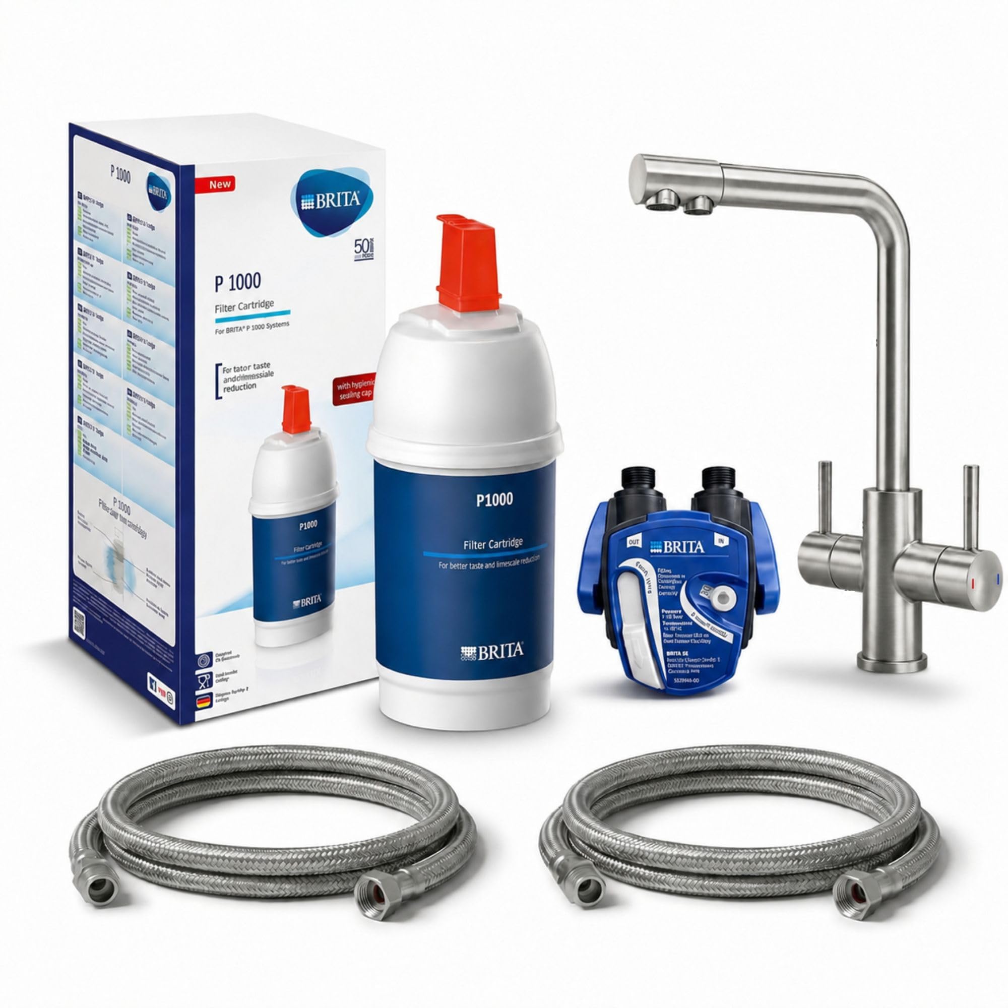 VANTO INOX 3-drożny kran kuchenny, armatura kuchenna ze stali nierdzewnej 304, wysokociśnieniowa, pod stołem, filtr do wody pitnej z BRITA P1000, głowica filtrująca, wąż i adapter, wylewka L