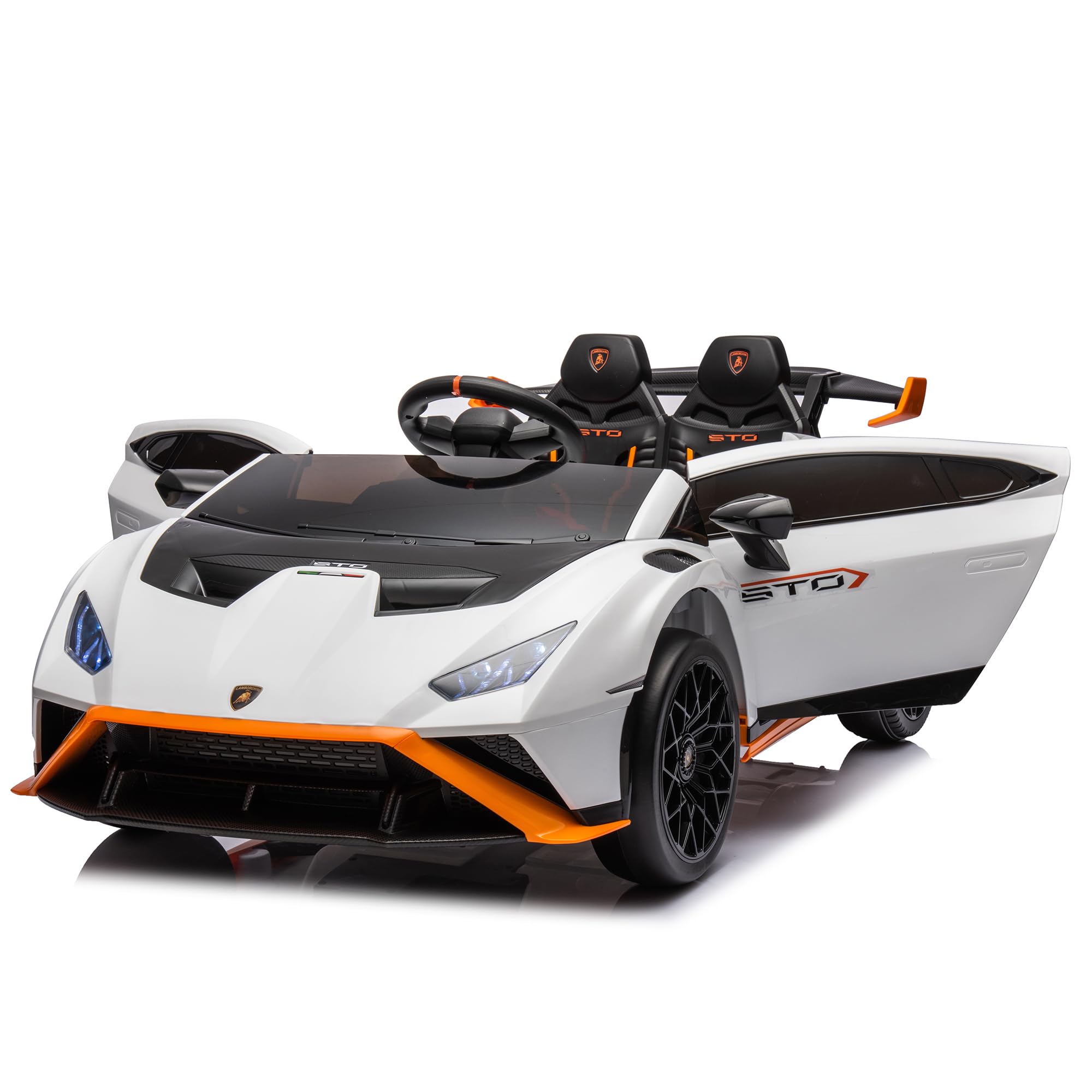 Lamborghini Huracan STO 24V Kids Electric Ride-On Drift Car: Speeds 1.86-5.59 MPH, Ages 3-8, Foam Front Wheels, 360° Spin, LED Lights, Dynamic Music, USB Port, Drift Feature - White