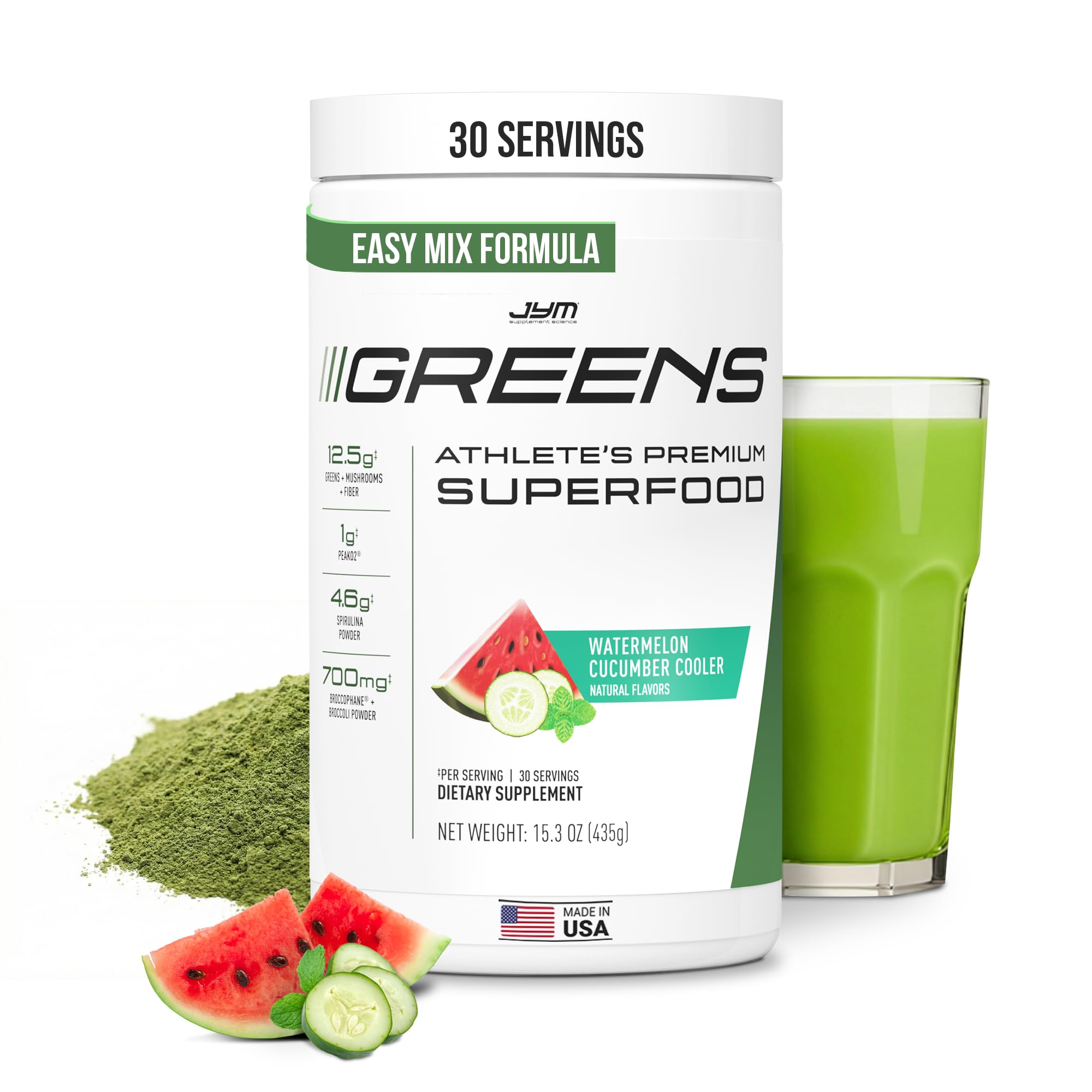 JYM Greens Super Food Powder for Performance, Watermelon Cucumber, Spirulina, Mushrooms, Vitamins, BroccoPhane & Broccoli, Men & Women, 30 Servings