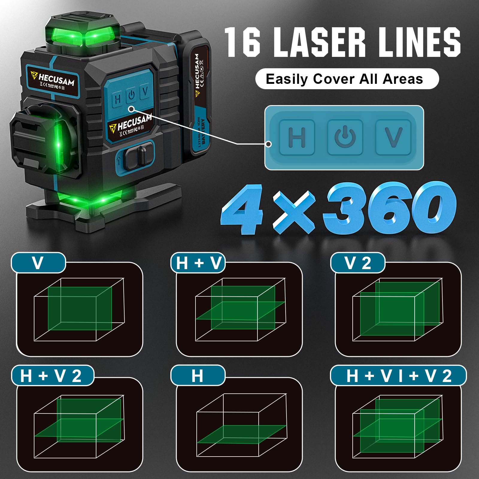 Kreuzlinienlaser mit Stativ, Hecusam LüCkenloser Linienlaser mit 360°-Rotationsfenster, 4 x 360° Laser Level IP54 Wasserwaage, 2 * 4800mAh Akku für Verlegung Bodenfliesen Kreuzlinienlaser Grün kit