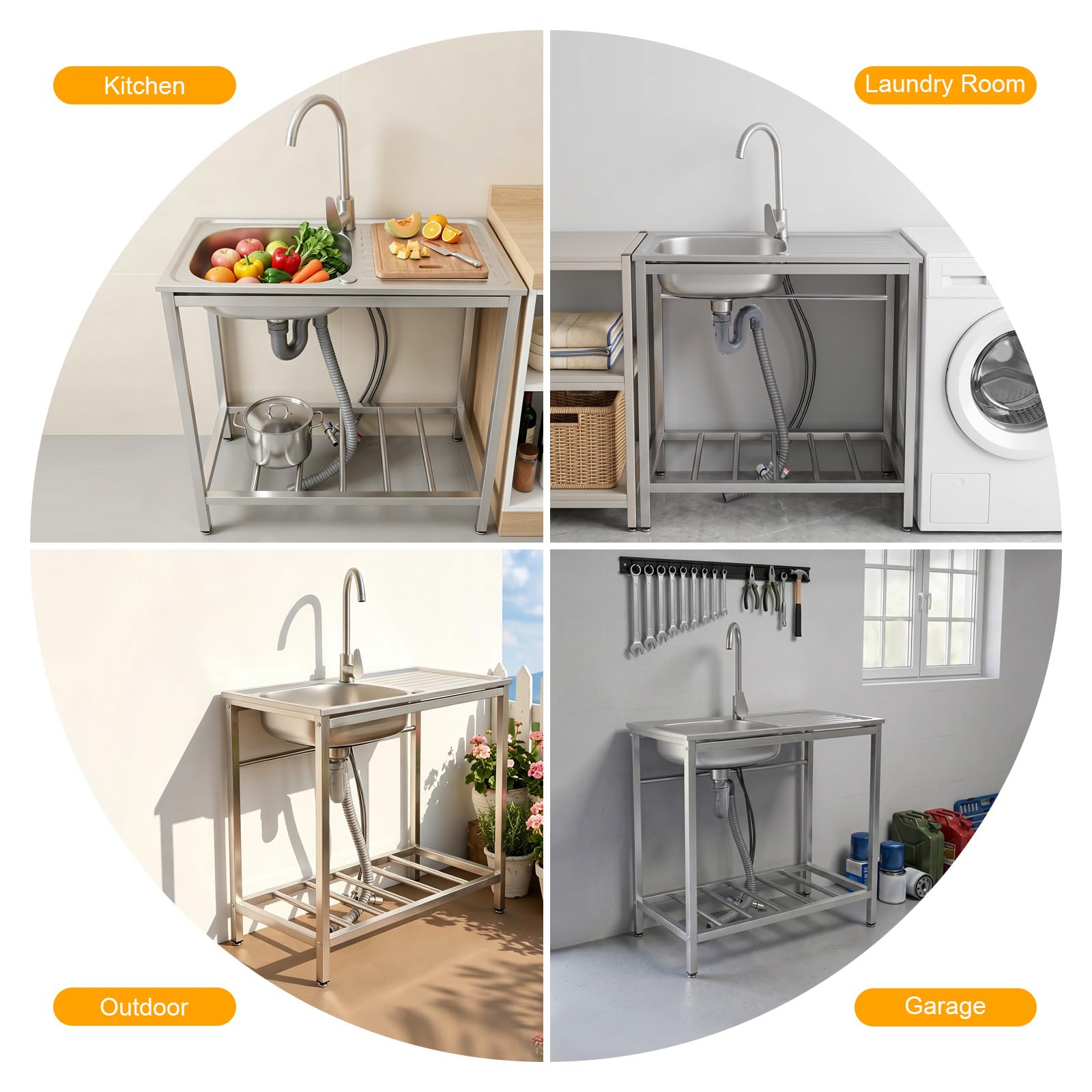 Fregadero independiente de acero inoxidable con grifo, fregadero de cocina para exteriores con encimera, 75 x 40 x 75 cm, lavabo profundo, patas ajustables en altura, para jardín, terraza, camping