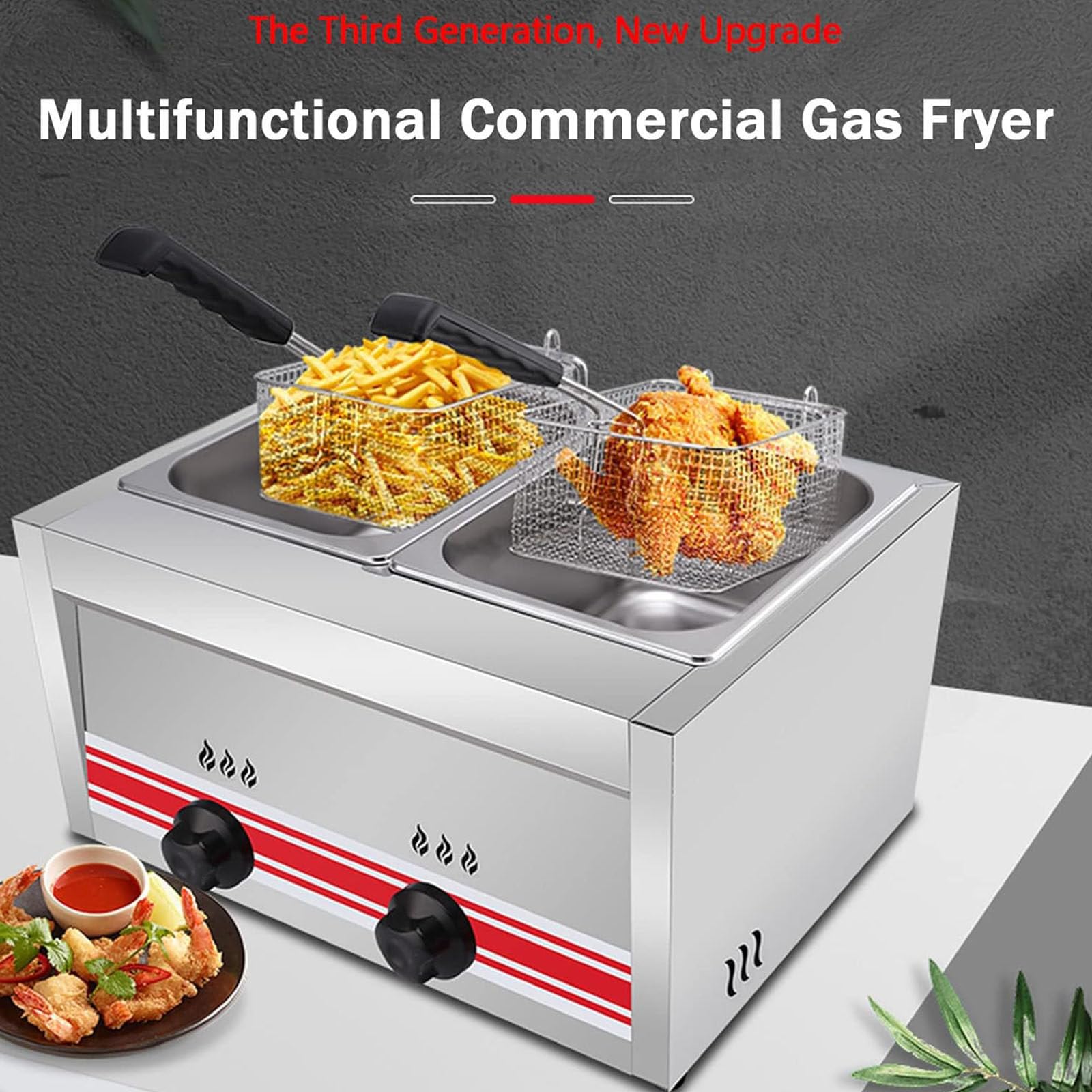 PixCy Deep Fryer Friggitrice a Gas Professionale - Friggitrice Ad Olio in Acciaio Inox - 10l/20l/30l Friggitrice Ad Immersione Friggitrice con Due Supporti Appoggio per Ristorante,10L