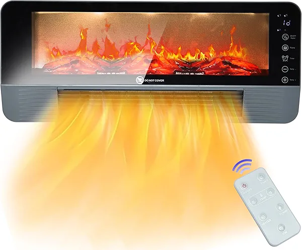 Electric Fireplace Heater for Indoor Use, Floor or Wall Electric Space Heater, 1500W 3D Flame Effect with Remote Control 12H Timer, Portable Air Conditioning Heater, Easy-Mount for Bedroom Office