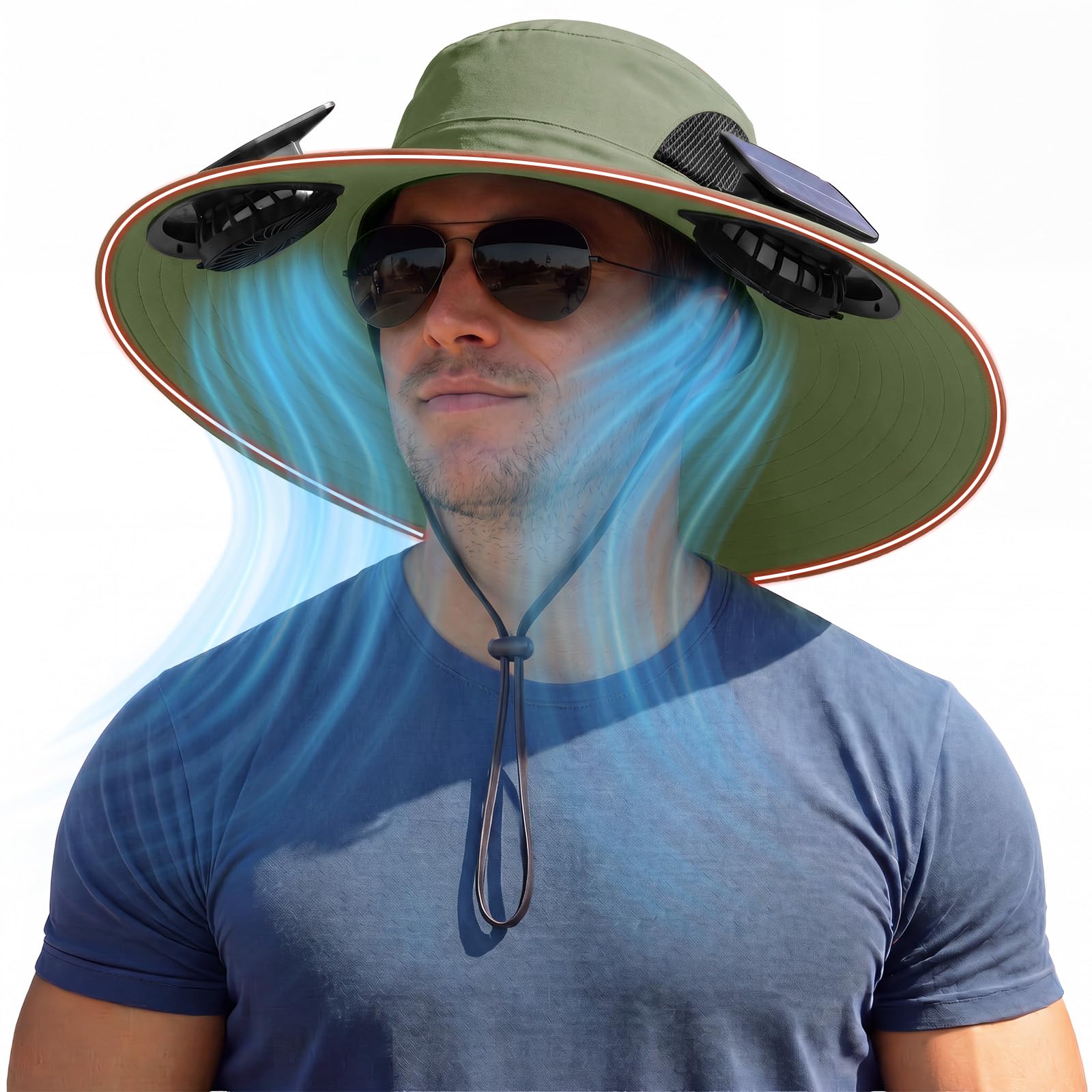 Solar Panel Powered Fan Built in Wide Brim Outdoor Fishing Hat USB Charging Men Ultralight Sun Bucket Mission Cool Cap for Garden Boonie Summer Beach Safari Hiking Mowing Camping Sunhat UV Protection