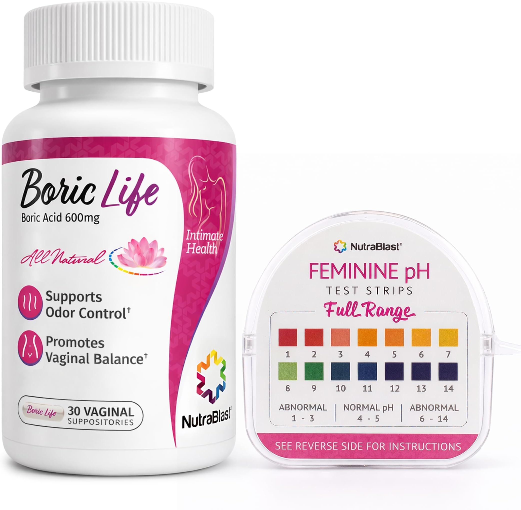 NutraBlast Boric Acid Vaginal Suppositories 600mg (30 Count) & Feminine pH Test Strips 1-14 (100-Tests Roll) | Monitor Feminine Intimate Health | Acidity & Alkalinity Balance