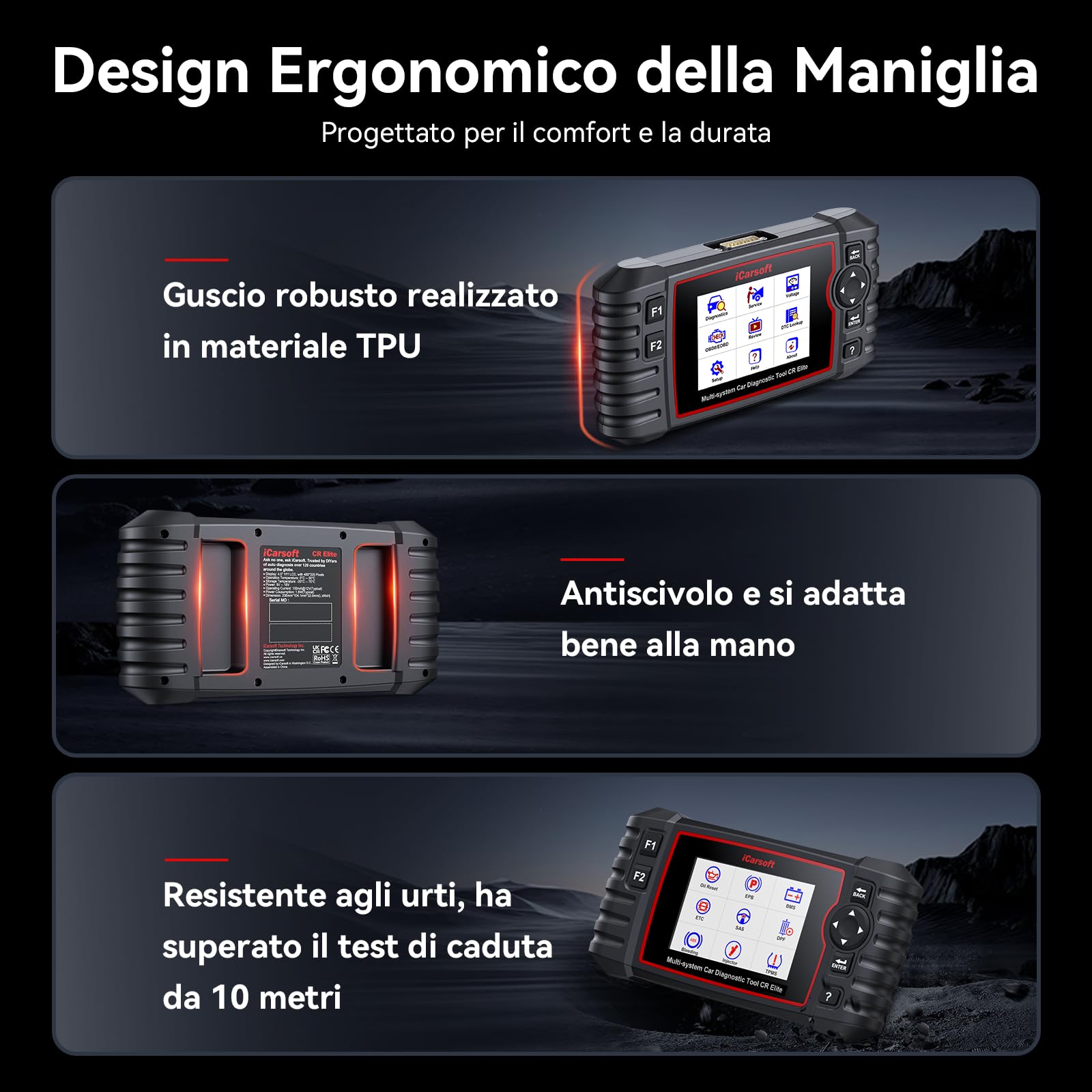 iCarsoft CR Elite OBD2 Auto Diagnostica, Diagnosi Auto Professionale in Italiano, Sistema Motore/ABS/SRS/Trasmissione, 9 Funzioni di Ripristino, Olio/EPB/BMS/ETC/SAS/BLD/INJ/DP-F, Aggiornamento a Vita