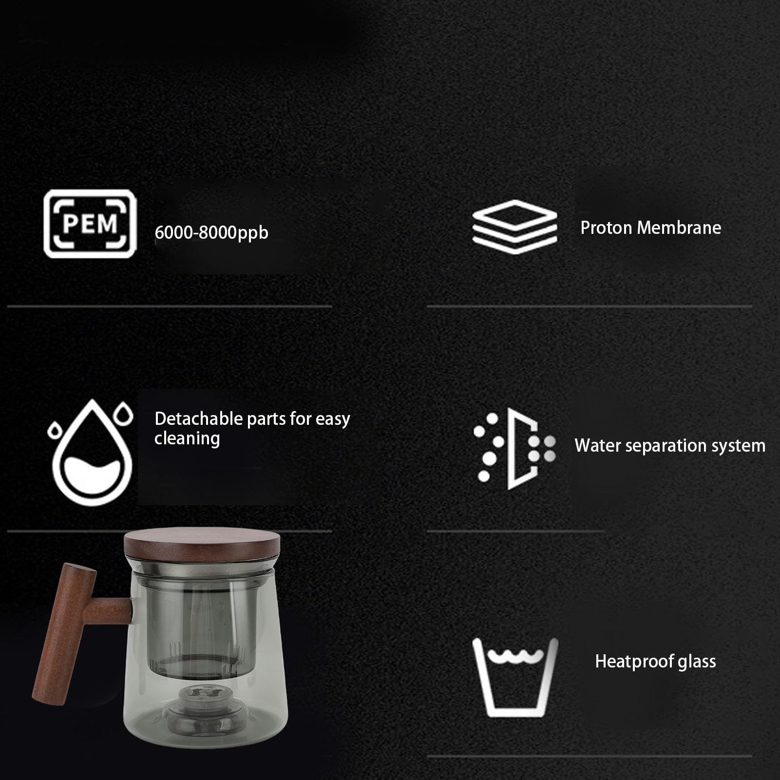 Luocute 500-ml-Wasserstoff-Teekanne, Protonenmembran-Anodenbeschichtung, Wasserstoff-Wasserstoffgenerator (6000–8000 ppb), mit Holzgriff und Wassertrennsystem, für Losen Tee und