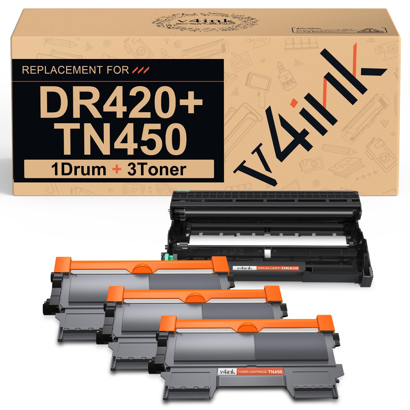 v4ink Compatible TN450 Toner Cartridge and DR420 Drum Replacement for Brother TN450 TN420 DR420 Toner Drum Set for Brother HL-2270dw HL-2280dw HL-2230