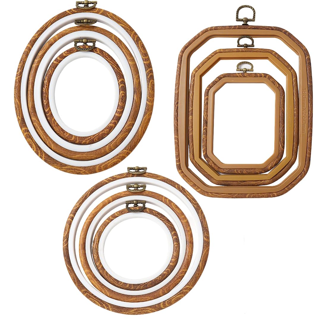9pcs Brown Embroidery Hoop Imitated Wood Display Oval Embroidery Hoops Circle Octagonal Cross Stitch Hoops for DIY Sewing Craft