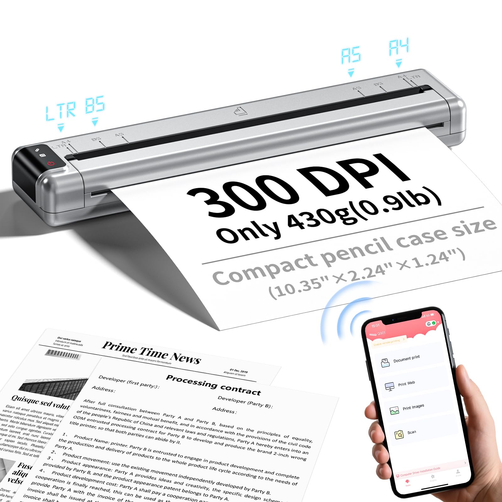 Portable Printers Wireless for Travel,Q302 WiFi Inkless Thermal Printer with Reverse Charging, Phone Printer Supports US Letter/A4/B5/A5, Bluetooth Printers for Home Use Office,300DPI