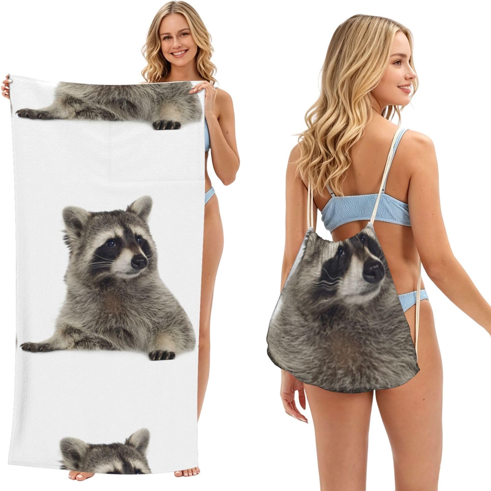 Poadnly As Picture Hairy Raccoon, 2 In 1 Packable Towel Bag, Beach Towels With Drawstring Backpack For Travel Holiday Camping