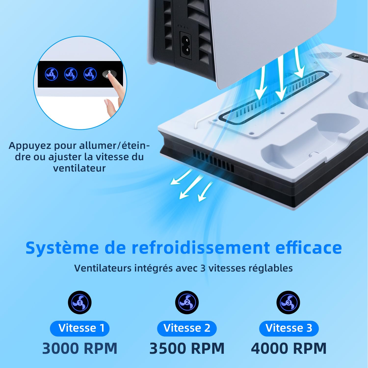 Mcbazel PS5/PS5 Pro/PS5 Slim Support de Refroidissement et de Chargement 3 Vitesses Réglable LED Magnétique Double Chargeur pour Manette ps5 Compatible avec PS5/PS5 Slim UHD/Digital/PS5 Pro